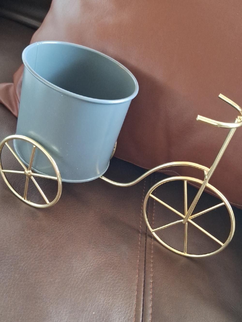 NWOT Gold Metal Bicycle Planter with Blue Pot - Decorative Home Accent